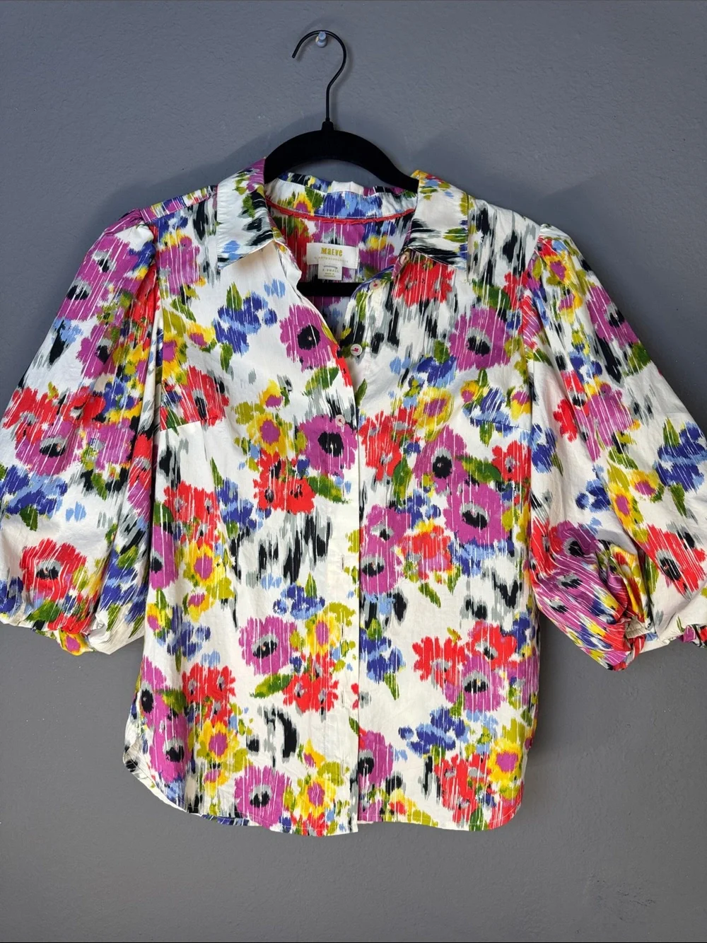 White Floral MAEVE Puff-Sleeve Button Front Top